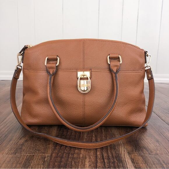 Calvin Klein Pebbled Leather Satchel Bag Dual Handle Exterior Pockets Brown Gold - Picture 3 of 16